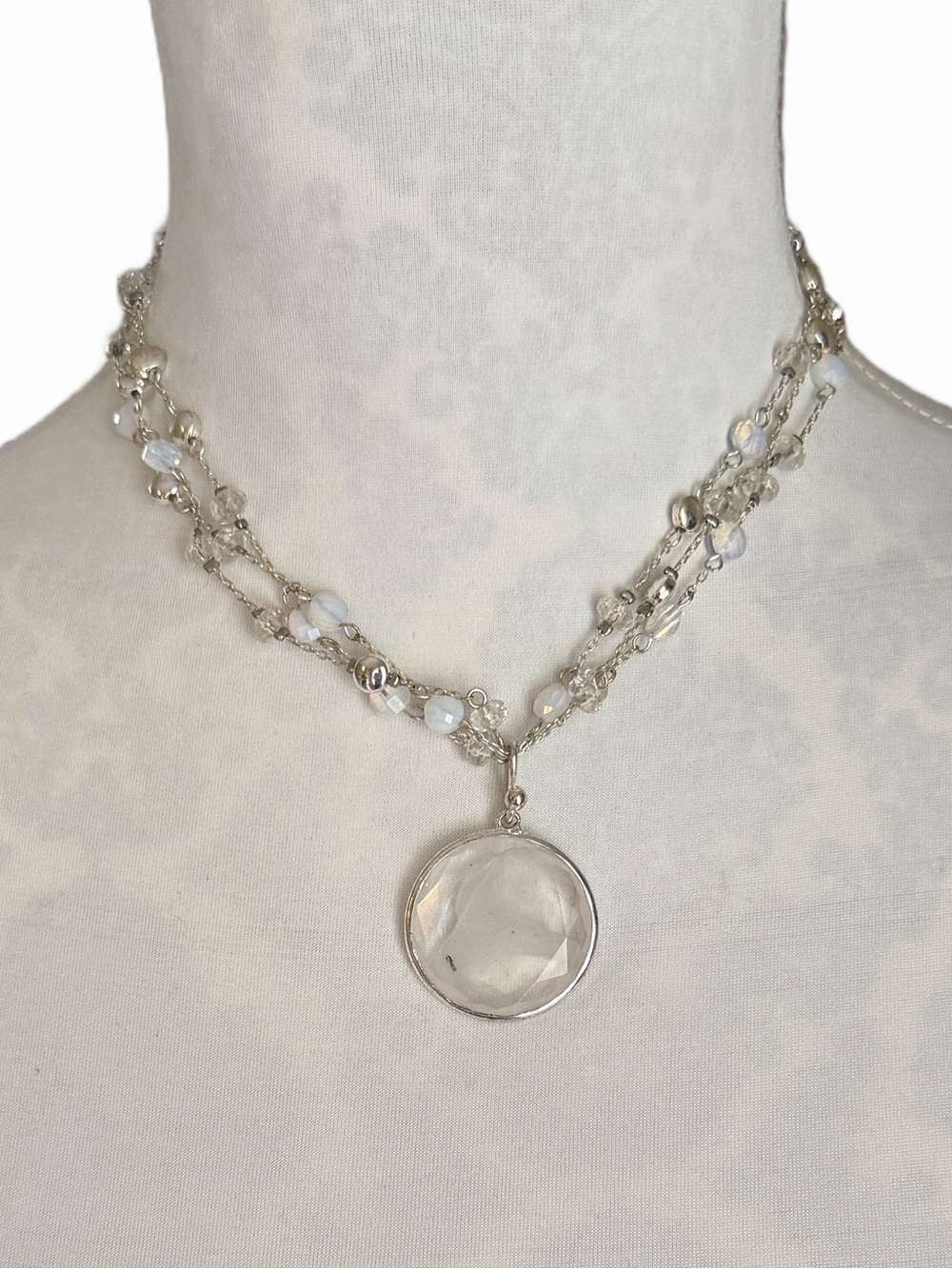 Silver Tone Layered Necklace with White and Opalite Beads and Glass Pendant
